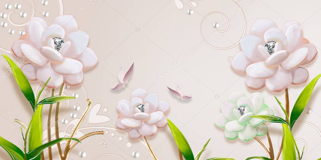 3d mural illustration light gray background with golden jewelry and flowers with silhouettes of dandelions , pearl , butterfly , green branches circles decorative wallpaper 