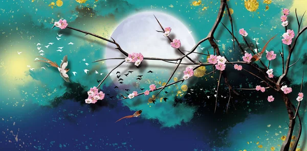 3d mural wallpaper abstract with dark background . colored butterfly with flower branches tree and moon