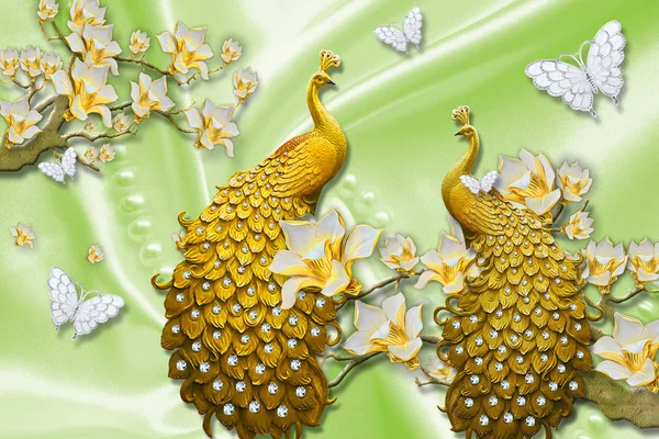 Carta Parati Murale Verde Con Pavone Oro Farfalla Argento Fiori — Foto Stock