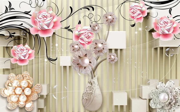 3d mural wallpaper with vase flowers golden silver jewlery  . 3d rendering background