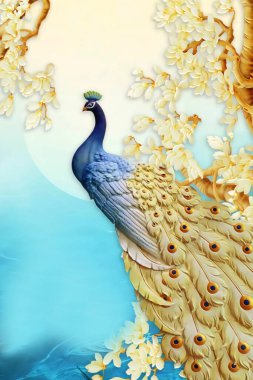 Altın mücevherler, çiçekler ve basit dekoratif ahşap duvar kağıtlarıyla üç boyutlu resimleme. renkli tavus kuşu. Duvar iskeleti için uygun