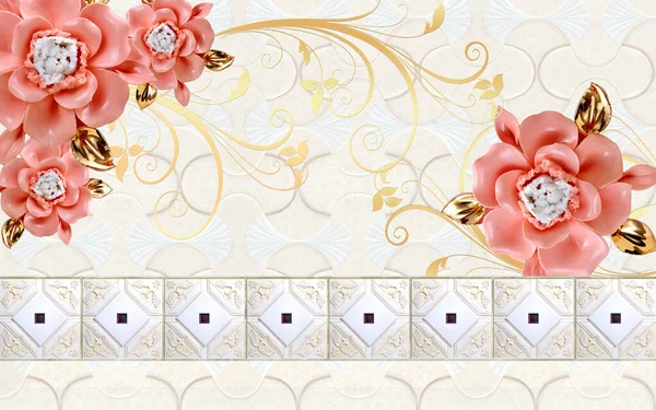 Mural Illustration Background Golden Pearl Jewelry Butterfly Flowers Circles Decorative — Stock Photo, Image