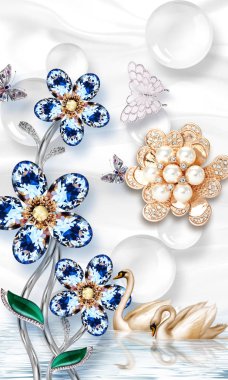 Altın inci mücevher, kelebek ve çiçekler, dekoratif duvar kâğıdı daireli 3D duvar resmi. 