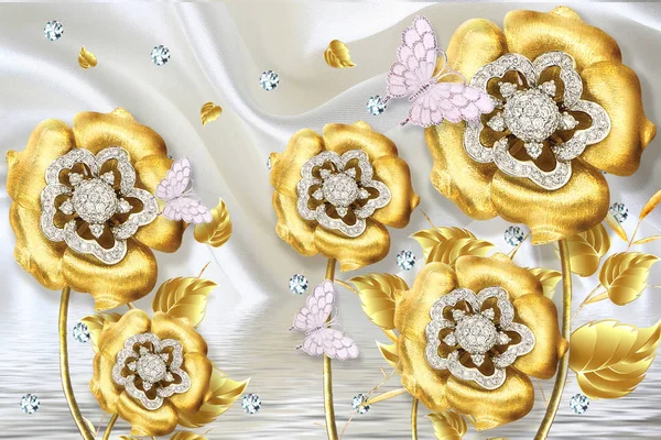 Τοιχογραφία Φόντο Χρυσό Μαργαριτάρι Κοσμήματα Πεταλούδα Και Λουλούδια Κύκλοι Διακοσμητική — Φωτογραφία Αρχείου