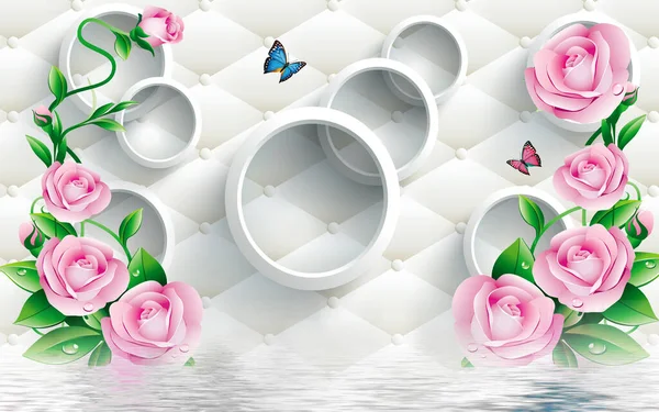 3d mural illustration background with golden pearl jewelry , butterfly and flowers , circles decorative art wallpaper
