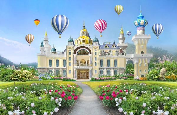 3d mural wallpaper palace with garden and flowers landscape . colored Air balloons in the sky . suitable for Childrens wallpaper