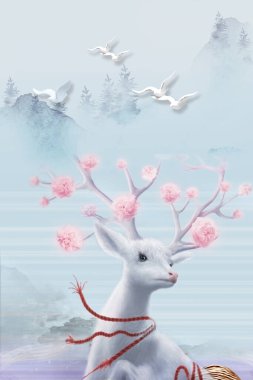 Üç boyutlu duvar kâğıdı. Çiçekler, ağaç dalları, geyikler ve bulutlar. Antilop. Kuşlar, dağ, arka planda güneş. Duvar iskeleti için uygun