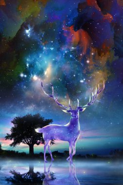3d mural wallpaper . flowers , tree branches, deer and clouds. Antelope . birds ,mountain, sun in background . Suitable for use on a wall frame clipart
