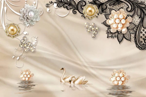 装飾や黄金の宝石の壁紙と3D壁画ペイントイラストの背景 孔雀と白鳥の色 — ストック写真