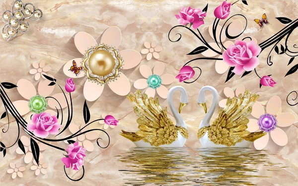 Çiçeklerle Dekoratif Altın Mücevher Duvar Kağıdıyla Boyutlu Duvar Resmi Çizimi — Stok fotoğraf