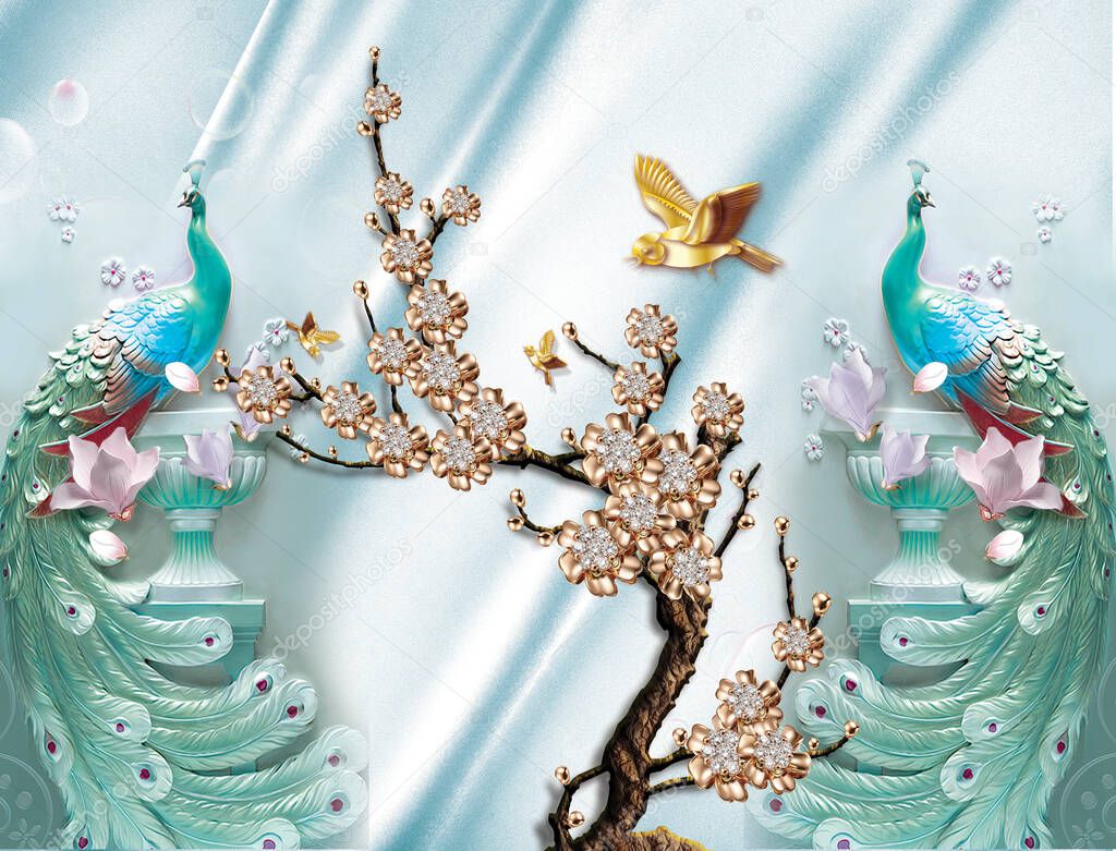 3d mural paint illustration background with flowers , decorative and golden Jewelery wallpaper . colored peacock and swan
