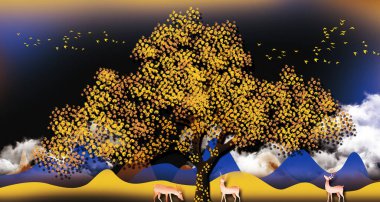 3D modern sanat duvar kağıdı, koyu mavi orman arkaplanı. Altın geyik, kara noel ağacı, dağ, ay ve kuşlar. Duvarlarda çerçeve olarak kullanmak için uygun manzara . 
