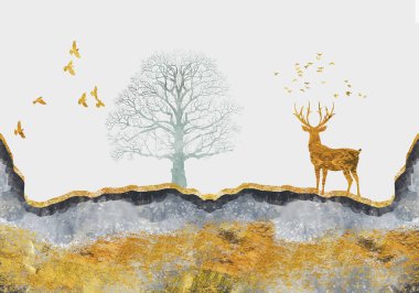 3D modern sanat duvar kağıdı, koyu mavi orman arkaplanı. Altın geyik, kara noel ağacı, dağ, ay ve kuşlar. Duvarlarda çerçeve olarak kullanmak için uygun manzara . 