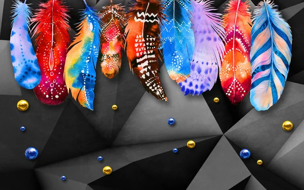 Mural Negro Triángulos Fondo Pantalla Con Plumas Colores Perlas Color —  Fotos de Stock