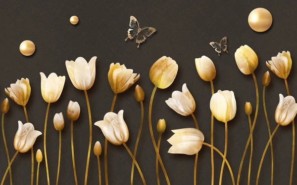 Τοιχογραφία Λουλούδια Τουλίπα Χρυσή Πεταλούδα Και Μαργαριτάρι Σκούρο Φόντο — Φωτογραφία Αρχείου
