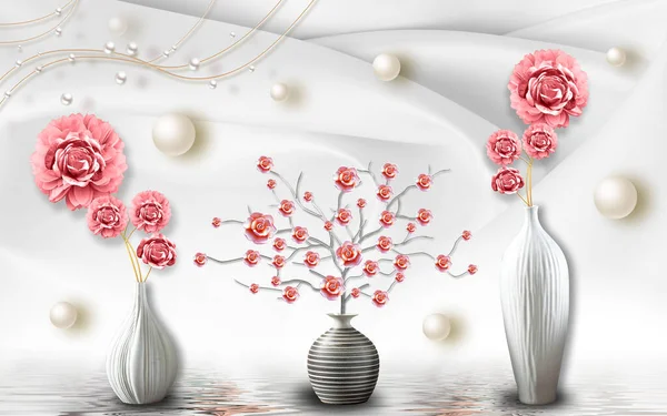 Vazolar Kırmızı Çiçeklerle Açık Beyaz Gri Arkaplanı Olan Boyutlu Duvar — Stok fotoğraf