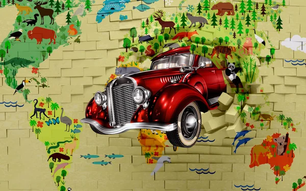 Mural Wallpaper Зламав Цеглини Стін Червоний Класичний Автомобіль Карта Світу — стокове фото