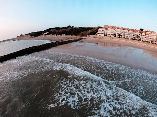 Aerial Recording Overlooking Horizon Waves Breaking Breakwater Mediterranean Sea Green — Stock Photo, Image