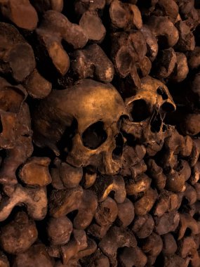 Paris, Fransa - 24 Ocak 2018: Ünlü yeraltı mezarlıkları (Les catacombs de Paris), tünellerde insan kemiklerinin bulunduğu yeraltı tünelleri ve turistik merkezlerdir. Müze eski mahzende..