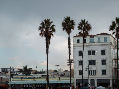 Santa Monica, ABD - 25 Kasım 2019 Venedik sahilindeki kaykay parkında insanlar plajın yanında kayıyor. En tanınmış kaykay parkı..