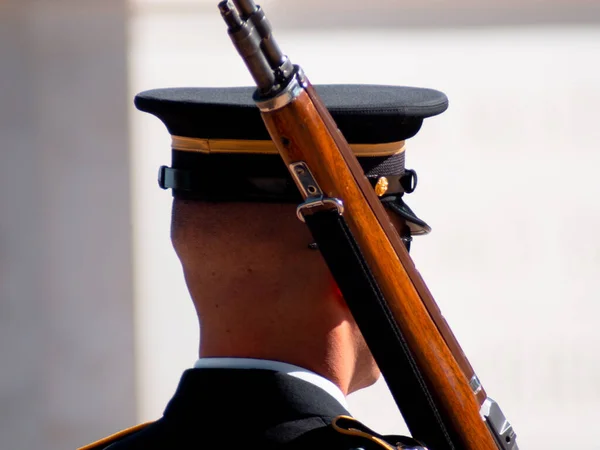 A soldier of the old service guard at Arlington National Cemetery.