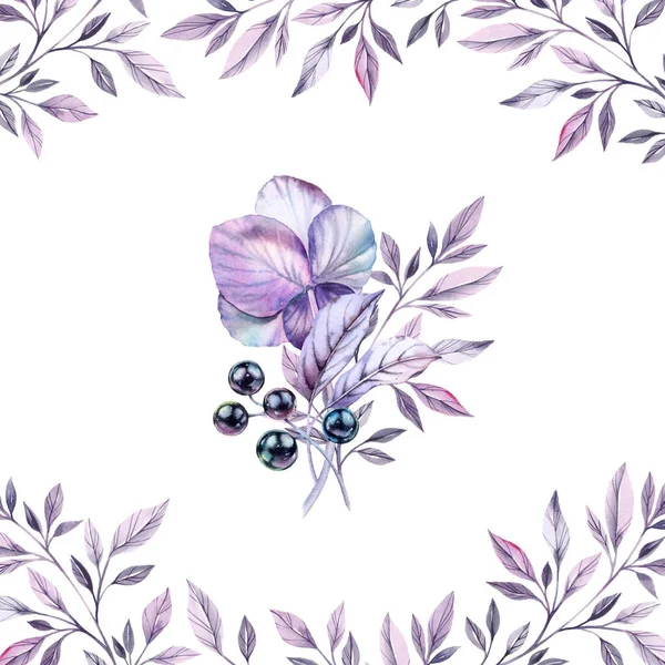 Akvarell anemonok lila lombozattal. Kézzel festett reális botanikai illusztráció. Csokor levelekkel és bogyókkal négyzet alakú virágkeretben esküvői papírok tervezéséhez, kártya nyomtatásához, textilhez — Stock Fotó