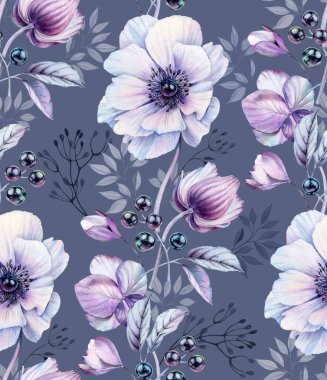 Suluboya şakayıklar kusursuz desenler. Çiçek desenli, buketli ve siyah incili. Düğün kırtasiyesi, tekstil ve duvar kağıtları için koyu gri arka planda Magenta çiçekleri