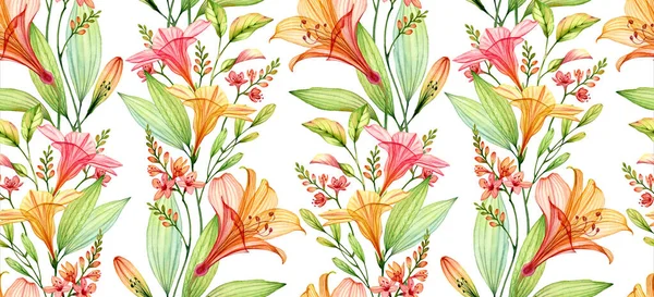 수채 색 투명 릴리, 프리 시아, 히비스커스 꽃 과 잎. 흰색에 분리 된 바 다 없는 열 대의 패턴입니다. 결혼 디자인을 위한 식물학적 삽화, 벽지, 직물 — 스톡 사진