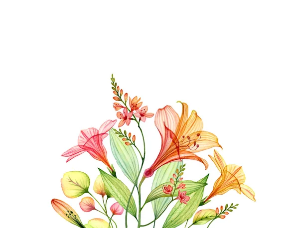 Grande buquê de aquarela com lírio e freesia. Flores tropicais coloridas isoladas em branco. Ilustração floral botânica para design de casamento, embalagem cosmética, publicidade — Fotografia de Stock