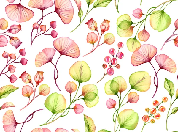 Acquerello modello senza soluzione di continuità con foglie colorate. Illustrazione floreale disegnata a mano con bacche rosa per il disegno di nozze, superficie, tessile, carta da parati — Foto Stock