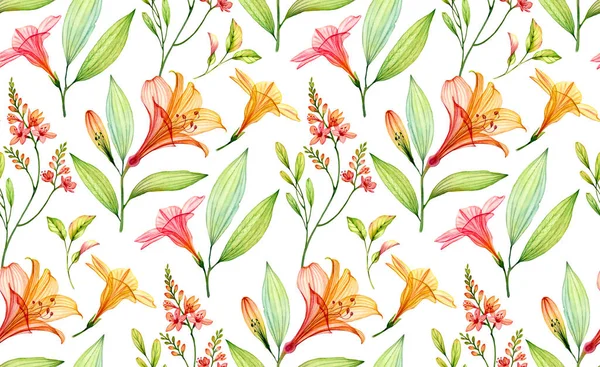 Watercolor seamless tropical pattern. Transparent Lily, freesia, hibiscus flowers and leaves. botanical illustration for wedding design, wallpapers, textile