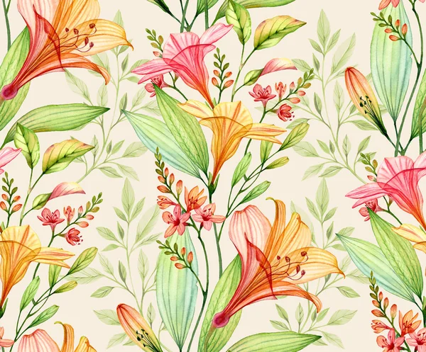 바다없는 열 대의 패턴 이 베이지 색 바탕에 있습니다. 수채 색 투명 릴리, 프리 시아, 히비스커스 꽃 과 잎. 결혼식 디자인, 벽지, 직물에 대한 다채 로운 식물학적 삽화 — 스톡 사진