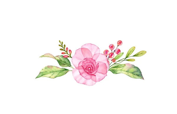 Arreglo floral de acuarela con rosa transparente, bayas y hojas aisladas en blanco. Ilustración botánica pintada a mano para el diseño de bodas, publicidad, tarjetas de felicitación —  Fotos de Stock
