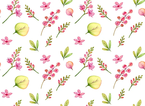 Aquarelle petites fleurs, feuilles et branches. Modèle tropical sans couture isolé sur blanc. Illustration peinte à la main colorée et mignonne pour la conception de la chambre des enfants, fonds d'écran, textile — Photo