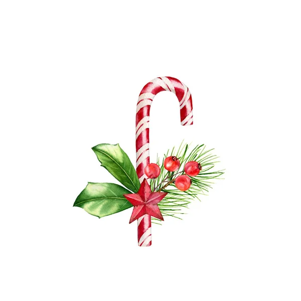 Kerst suikerriet met decor en bessen. Met de hand geschilderde aquarelillustratie met rode snoepstok. Snoep voor de wintervakantie, wenskaarten, spandoeken, kalenders — Stockfoto