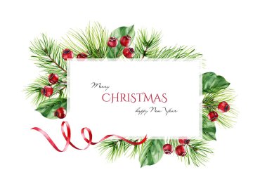 Çam dalları, kırmızı böğürtlen, kurdele ve yazı için yer olan bir Noel çerçevesi. Suluboya resimleme tebrik kartları, davetiyeler ve takvimler için beyaza izole edildi. Kış tatili geçmişi