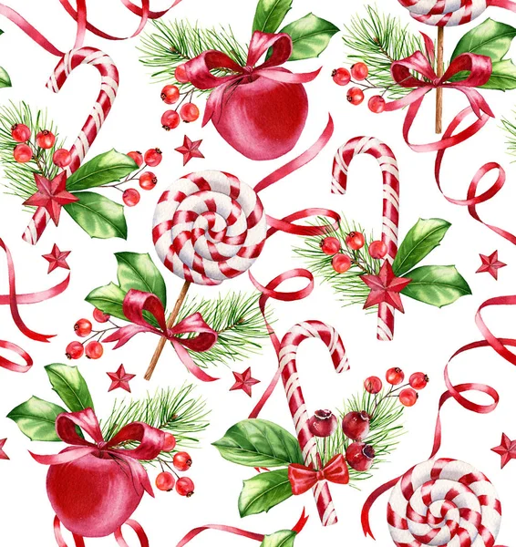 Рождественский бесшовный шаблон. Иллюстрация акварелью с леденцами, яблоками и красными лентами. Дизайн поверхности для зимних праздников, поздравительные открытки, оберточная бумага — стоковое фото