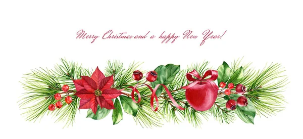 圣诞花环，红色苹果，彩带和一品红花，冷杉枝条和装饰。 水彩画，冬季假期插图，贺卡，横幅，日历 — 图库照片