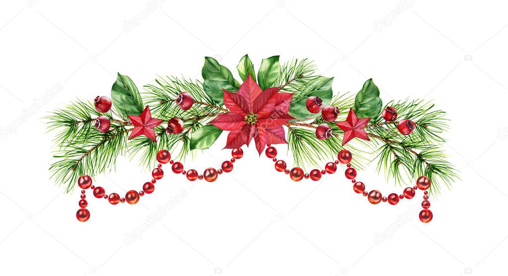 Christmas arch with beads garland, poinsettia flower, fir branches and berries. Watercolor hand painted realistic illustration for greeting cards, banners, calendars. Winter holiday background