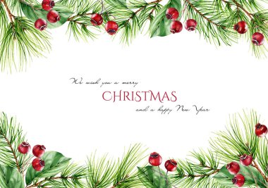 Yeşil köknar dalları, kırmızı böğürtlenler ve mesaj için yer içeren bir Noel kartı. Kış tatili davetiyeleri ve takvimler için elle boyanmış suluboya çizimler. 