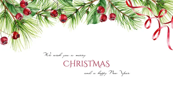 Aquarel Kerst achtergrond met sparren takken, rode bessen, lint en plaats voor tekst. Handbeschilderde rand voor wintervakantiekaarten, uitnodigingen, kalenders. — Stockfoto