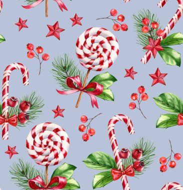 Kırmızı şeker kamışı, lolipop ve dekor ile kusursuz bir Noel deseni. Suluboya el resmi mavi arka planda. Kış tatilleri için yüzey tasarımı, tebrik kartları, ambalaj kağıtları
