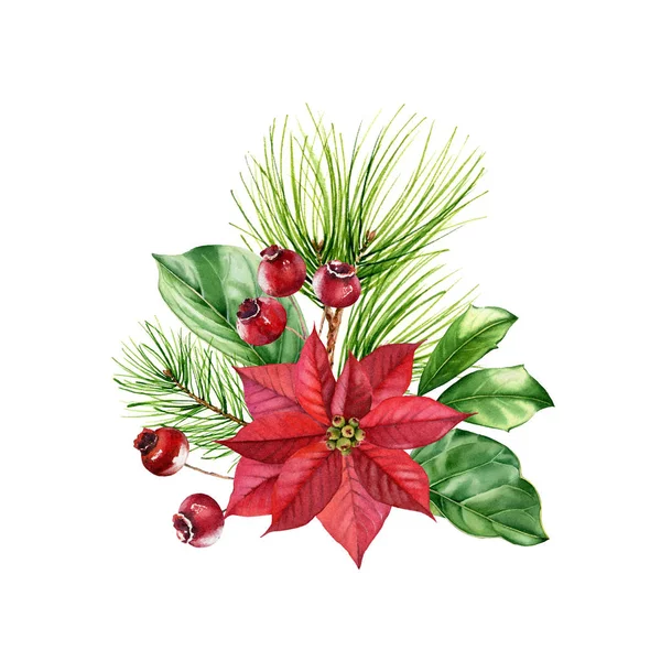 Julbukett med julstjärna blomma, järnek bär, tall grenar. Akvarell handmålad illustration för vintersemester, gratulationskort, banderoller, kalendrar — Stockfoto