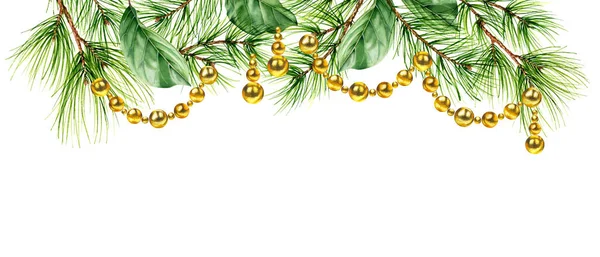 Kerst achtergrond met dennen takken, gouden kralen slinger en plaats voor tekst. Aquarel handgeschilderde rand voor wintervakantie kaarten, uitnodigingen, kalenders. — Stockfoto