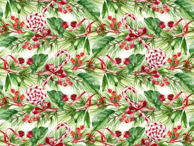 Lolipop, şeker kamışı ve çam ağacı dallarıyla kusursuz bir Noel deseni. Kış tatili için elle boyanmış suluboya resimler, tebrik kartları, ambalaj kağıtları, duvar kağıtları..