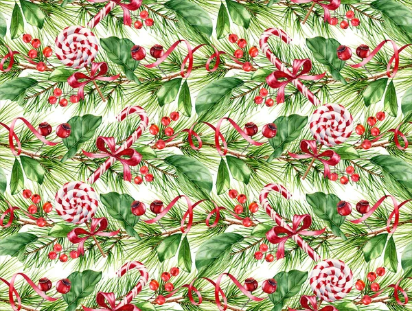 Lolipop, şeker kamışı ve çam ağacı dallarıyla kusursuz bir Noel deseni. Kış tatili için elle boyanmış suluboya resimler, tebrik kartları, ambalaj kağıtları, duvar kağıtları..