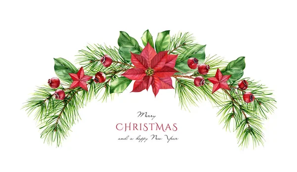 Рождественская открытка Акварельная арка с ягодами падуба, цветок пуансеттии, еловые ветви и декор. Ручная раскрашенная иллюстрация к зимним праздникам, поздравительные открытки, баннеры, календари — стоковое фото