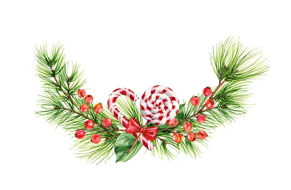Akvarell jul runda krans med tall grenar, godis och röda bär. Handmålad illustration isolerad på vitt för nyår gratulationskort, banderoller, inbjudningar, kalendrar. — Stockfoto