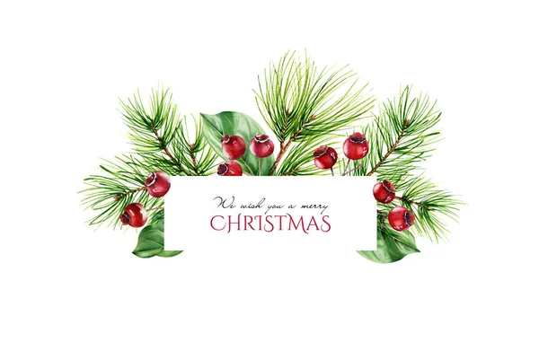 水彩画圣诞框架与松树枝，红色浆果和文字的地方。 为贺卡、横幅、邀请函、日历手绘插图。 寒假背景. — 图库照片