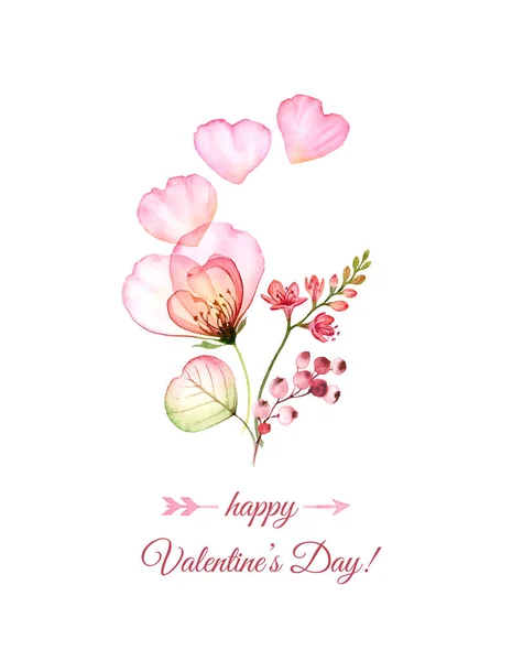 Saint Valentines Day card with text. Watercolor transparent rose bouquet with flying petals isolated on white. Botanical floral illustration for Saint Valentines day greeting. Vertical format. — ストック写真